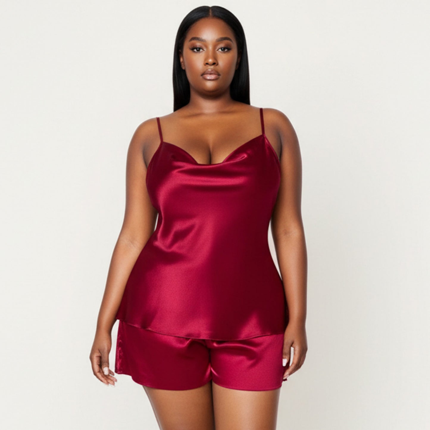 Anna-Kaci Lounge Women' s 2-Piece Satin Cami and Shorts Set with Draped Neckline Silky Fabric and Lightweight Relaxed Fit