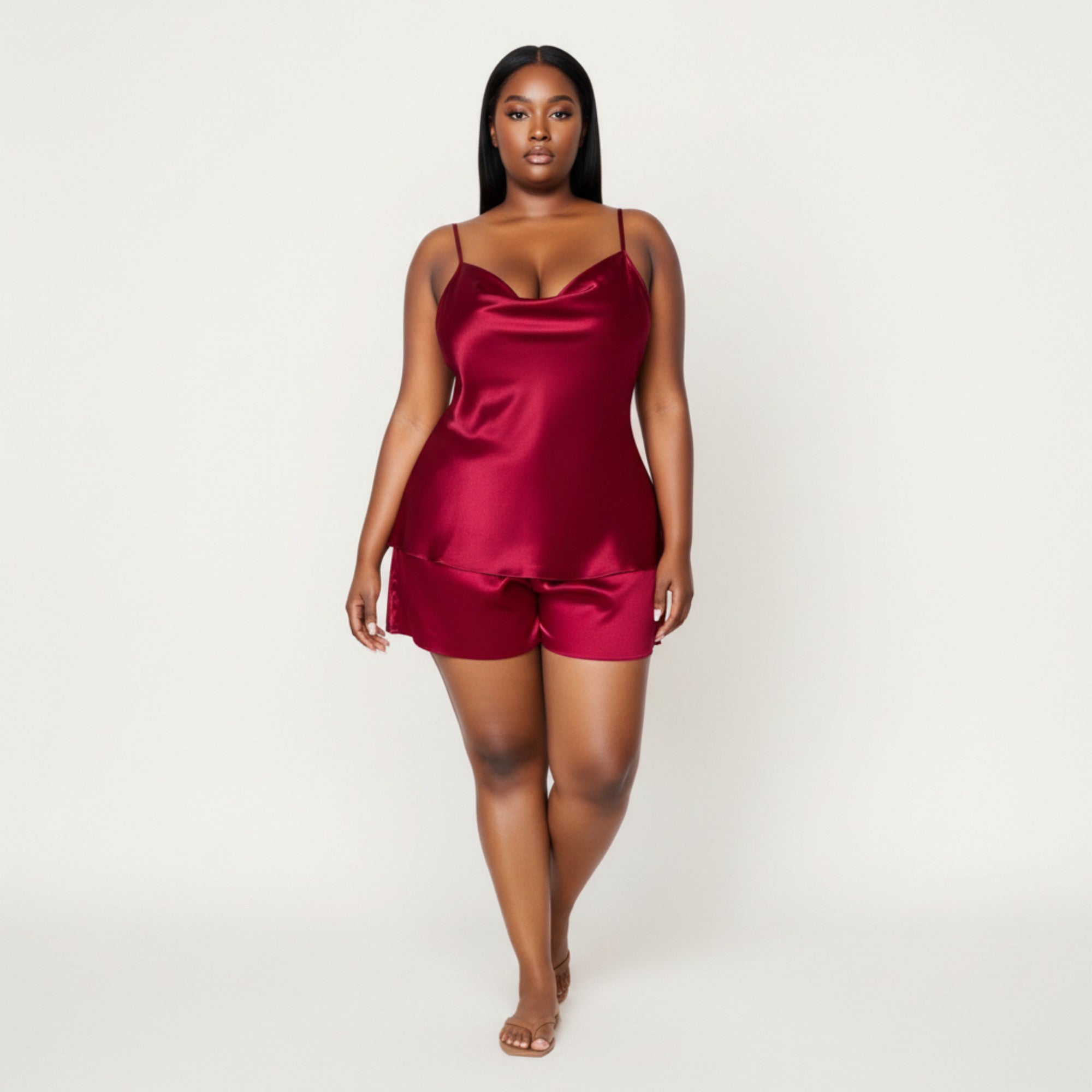 Anna-Kaci Lounge Women' s 2-Piece Satin Cami and Shorts Set with Draped Neckline Silky Fabric and Lightweight Relaxed Fit