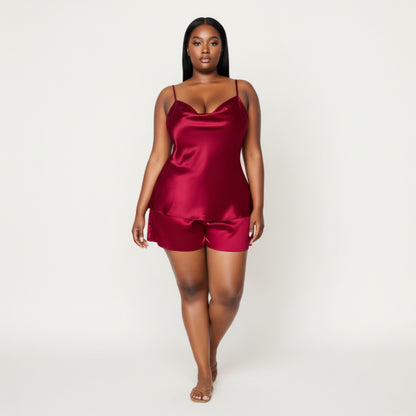 Anna-Kaci Lounge Women' s 2-Piece Satin Cami and Shorts Set with Draped Neckline Silky Fabric and Lightweight Relaxed Fit