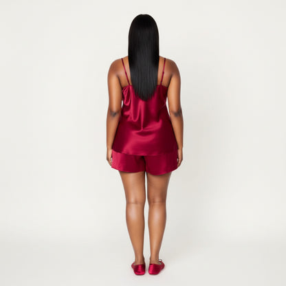 Anna-Kaci Lounge Women' s 2-Piece Satin Cami and Shorts Set with Draped Neckline Silky Fabric and Lightweight Relaxed Fit