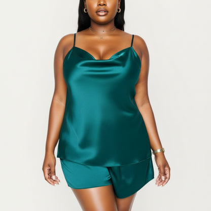 Anna-Kaci Lounge Women' s 2-Piece Satin Cami and Shorts Set with Draped Neckline Silky Fabric and Lightweight Relaxed Fit