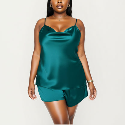 Anna-Kaci Lounge Women' s 2-Piece Satin Cami and Shorts Set with Draped Neckline Silky Fabric and Lightweight Relaxed Fit