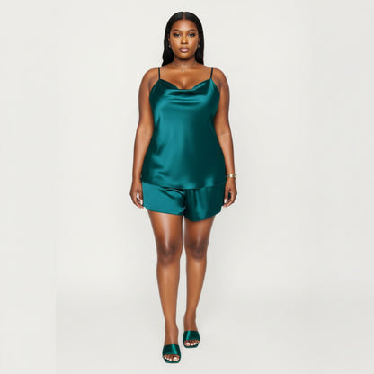 Anna-Kaci Lounge Women' s 2-Piece Satin Cami and Shorts Set with Draped Neckline Silky Fabric and Lightweight Relaxed Fit