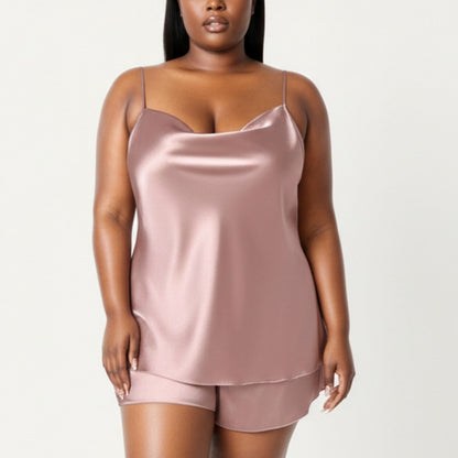 Anna-Kaci Lounge Women' s 2-Piece Satin Cami and Shorts Set with Draped Neckline Silky Fabric and Lightweight Relaxed Fit