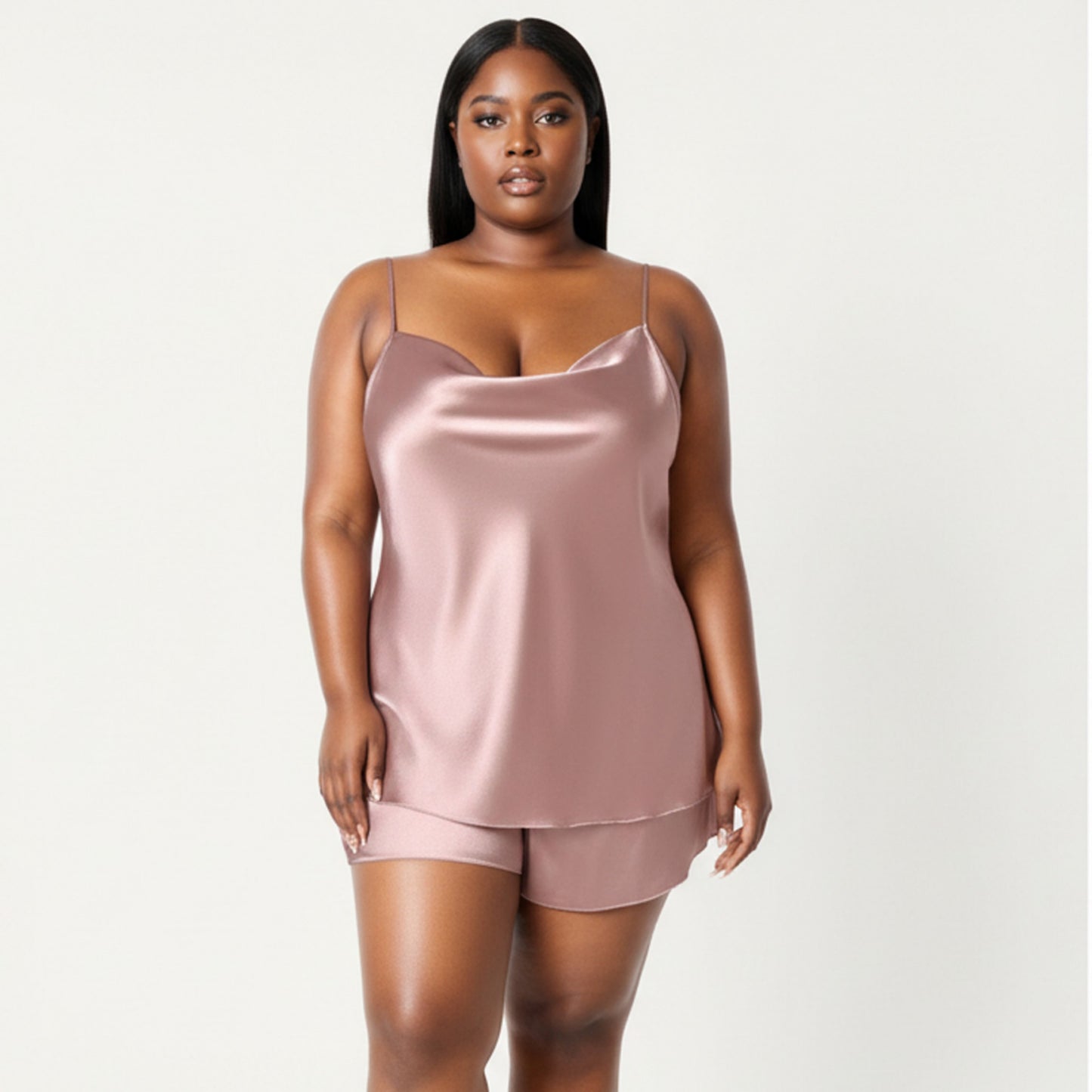 Anna-Kaci Lounge Women' s 2-Piece Satin Cami and Shorts Set with Draped Neckline Silky Fabric and Lightweight Relaxed Fit