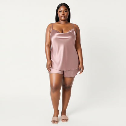 Anna-Kaci Lounge Women' s 2-Piece Satin Cami and Shorts Set with Draped Neckline Silky Fabric and Lightweight Relaxed Fit