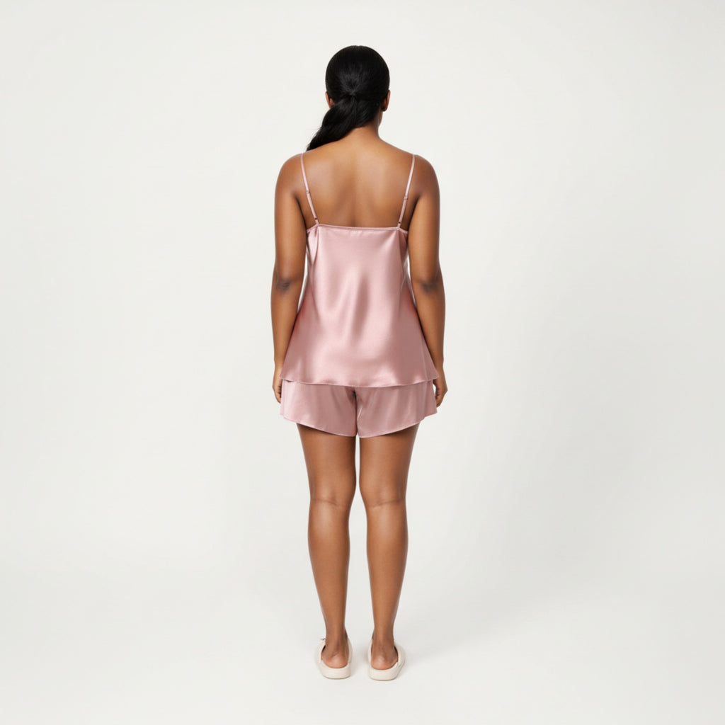 Anna-Kaci Lounge Women' s 2-Piece Satin Cami and Shorts Set with Draped Neckline Silky Fabric and Lightweight Relaxed Fit