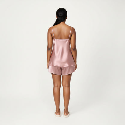 Anna-Kaci Lounge Women' s 2-Piece Satin Cami and Shorts Set with Draped Neckline Silky Fabric and Lightweight Relaxed Fit