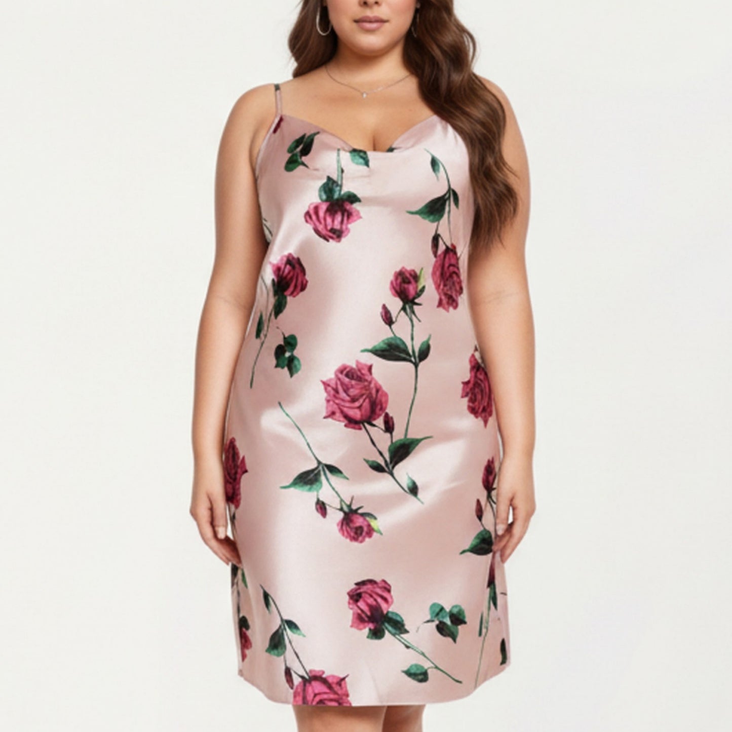 Anna-Kaci Lounge Women' s Satin Slip Dress with Floral Rose Pattern Draped Neckline Sheen Fabric and Soft Body-Skimming Silhouette