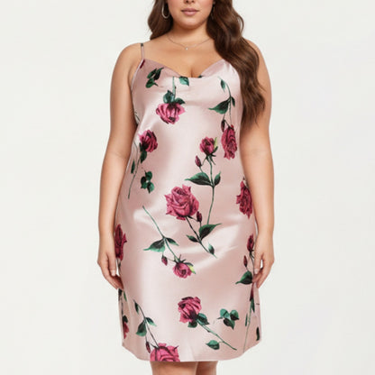 Anna-Kaci Lounge Women' s Satin Slip Dress with Floral Rose Pattern Draped Neckline Sheen Fabric and Soft Body-Skimming Silhouette