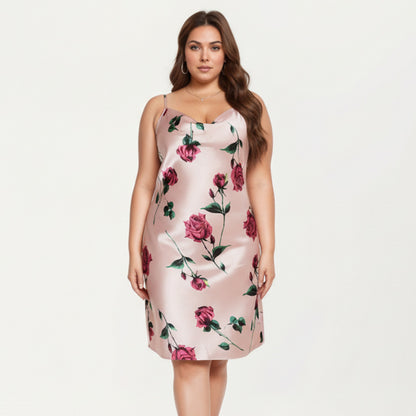 Anna-Kaci Lounge Women' s Satin Slip Dress with Floral Rose Pattern Draped Neckline Sheen Fabric and Soft Body-Skimming Silhouette