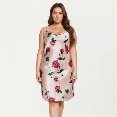 Anna-Kaci Lounge Women' s Satin Slip Dress with Floral Rose Pattern Draped Neckline Sheen Fabric and Soft Body-Skimming Silhouette
