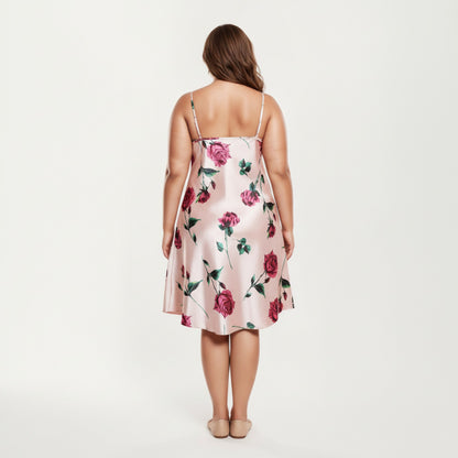 Anna-Kaci Lounge Women' s Satin Slip Dress with Floral Rose Pattern Draped Neckline Sheen Fabric and Soft Body-Skimming Silhouette