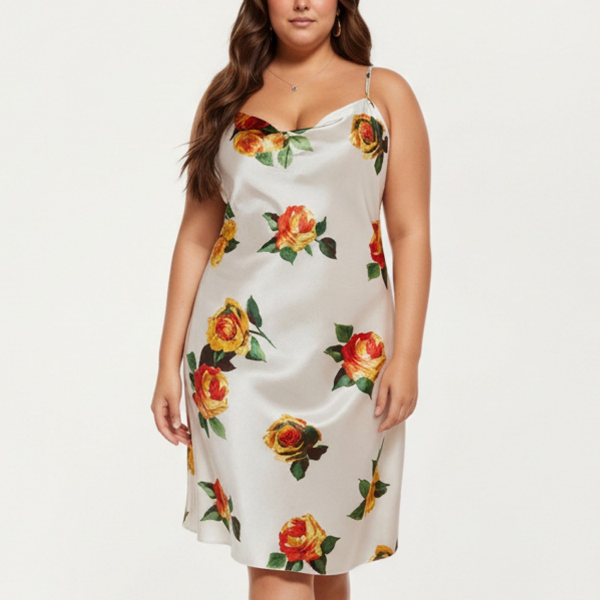 Anna-Kaci Lounge Women' s Satin Slip Dress with Floral Rose Pattern Draped Neckline Sheen Fabric and Soft Body-Skimming Silhouette