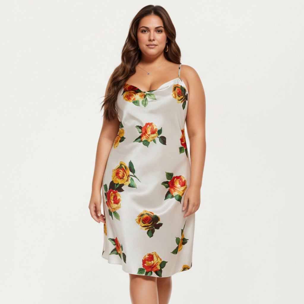 Anna-Kaci Lounge Women' s Satin Slip Dress with Floral Rose Pattern Draped Neckline Sheen Fabric and Soft Body-Skimming Silhouette