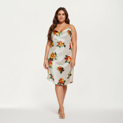 Anna-Kaci Lounge Women' s Satin Slip Dress with Floral Rose Pattern Draped Neckline Sheen Fabric and Soft Body-Skimming Silhouette