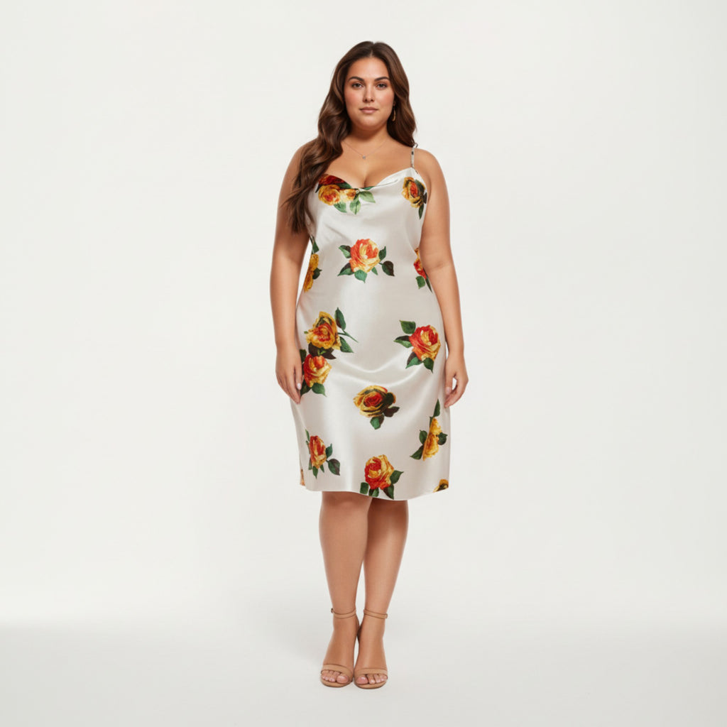 Anna-Kaci Lounge Women' s Satin Slip Dress with Floral Rose Pattern Draped Neckline Sheen Fabric and Soft Body-Skimming Silhouette