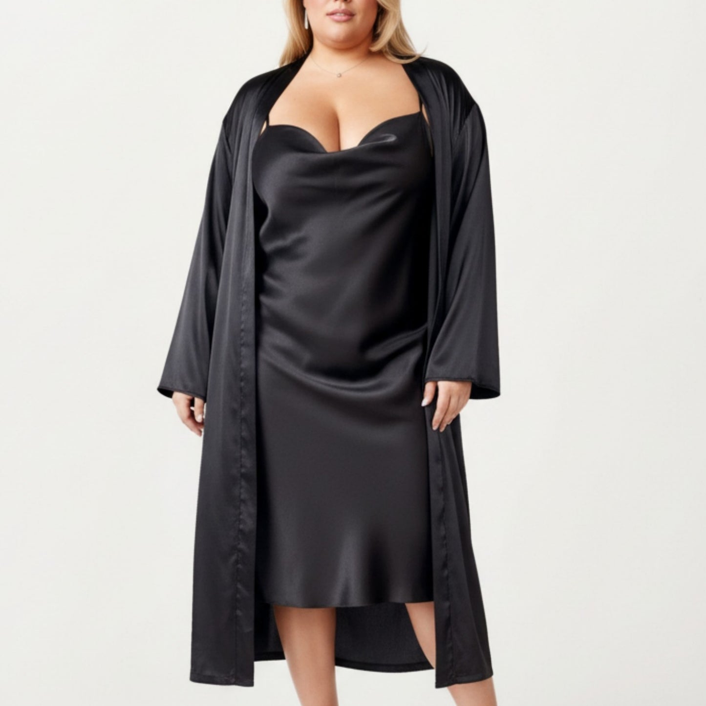 Anna-Kaci Lounge Women' s Satin Slip Dress and Long Robe Set with Draped Neckline and Elegant Flowing Open Front Layered Design