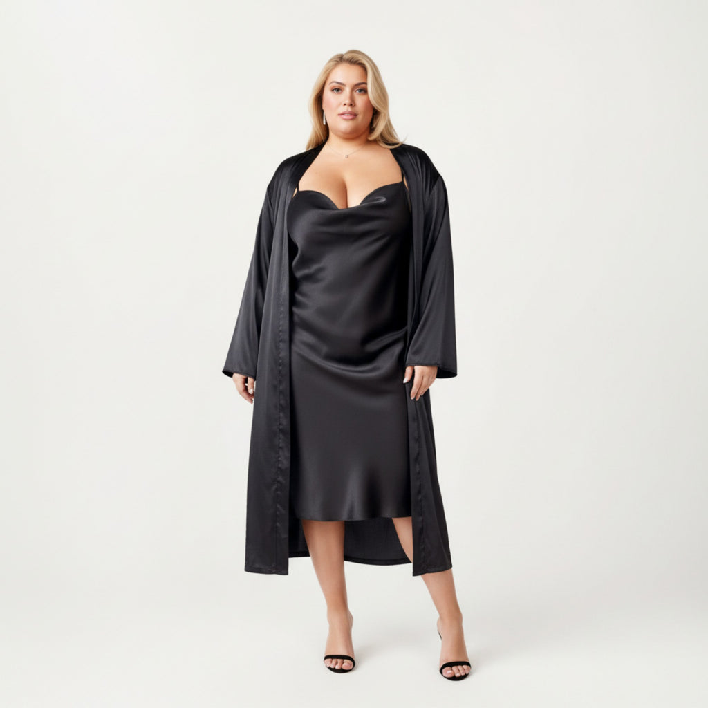 Anna-Kaci Lounge Women' s Satin Slip Dress and Long Robe Set with Draped Neckline and Elegant Flowing Open Front Layered Design