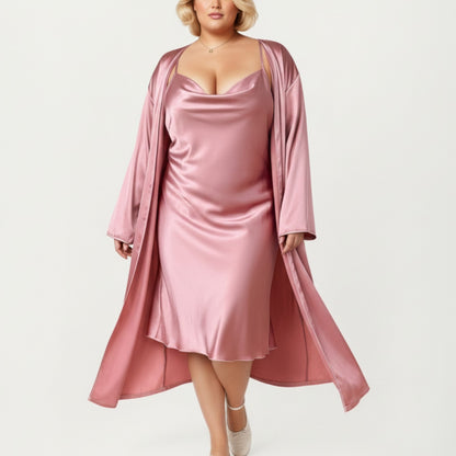 Anna-Kaci Lounge Women' s Satin Slip Dress and Long Robe Set with Draped Neckline and Elegant Flowing Open Front Layered Design