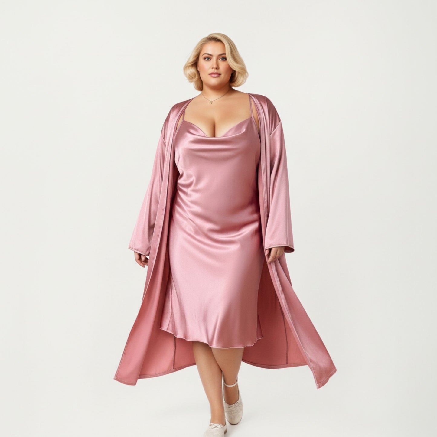 Anna-Kaci Lounge Women' s Satin Slip Dress and Long Robe Set with Draped Neckline and Elegant Flowing Open Front Layered Design