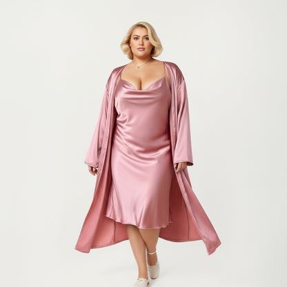 Anna-Kaci Lounge Women' s Satin Slip Dress and Long Robe Set with Draped Neckline and Elegant Flowing Open Front Layered Design