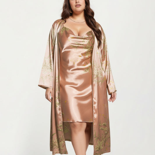 Anna-Kaci Lounge Women' s Satin Slip Dress and Long Robe Set with Floral Pattern Draped Neckline and Elegant Flowing Layered Design