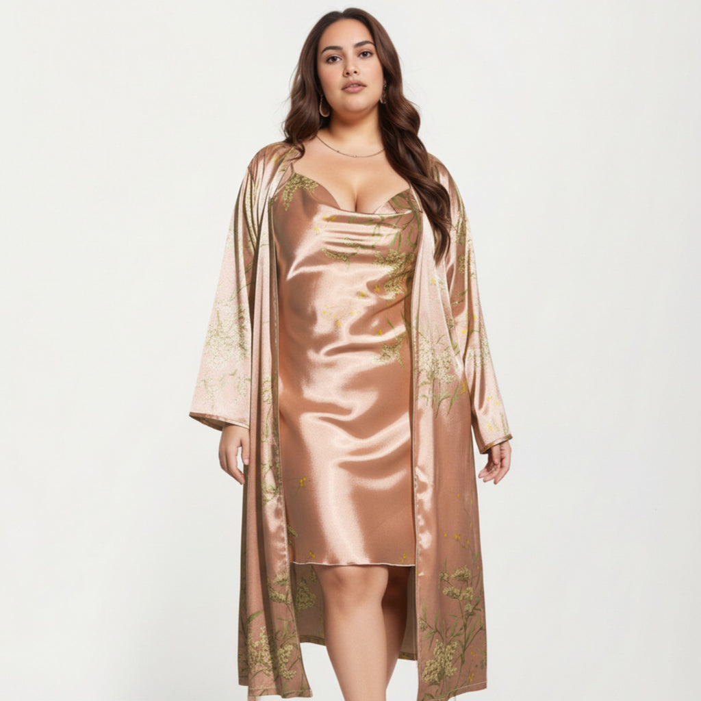 Anna-Kaci Lounge Women' s Satin Slip Dress and Long Robe Set with Floral Pattern Draped Neckline and Elegant Flowing Layered Design