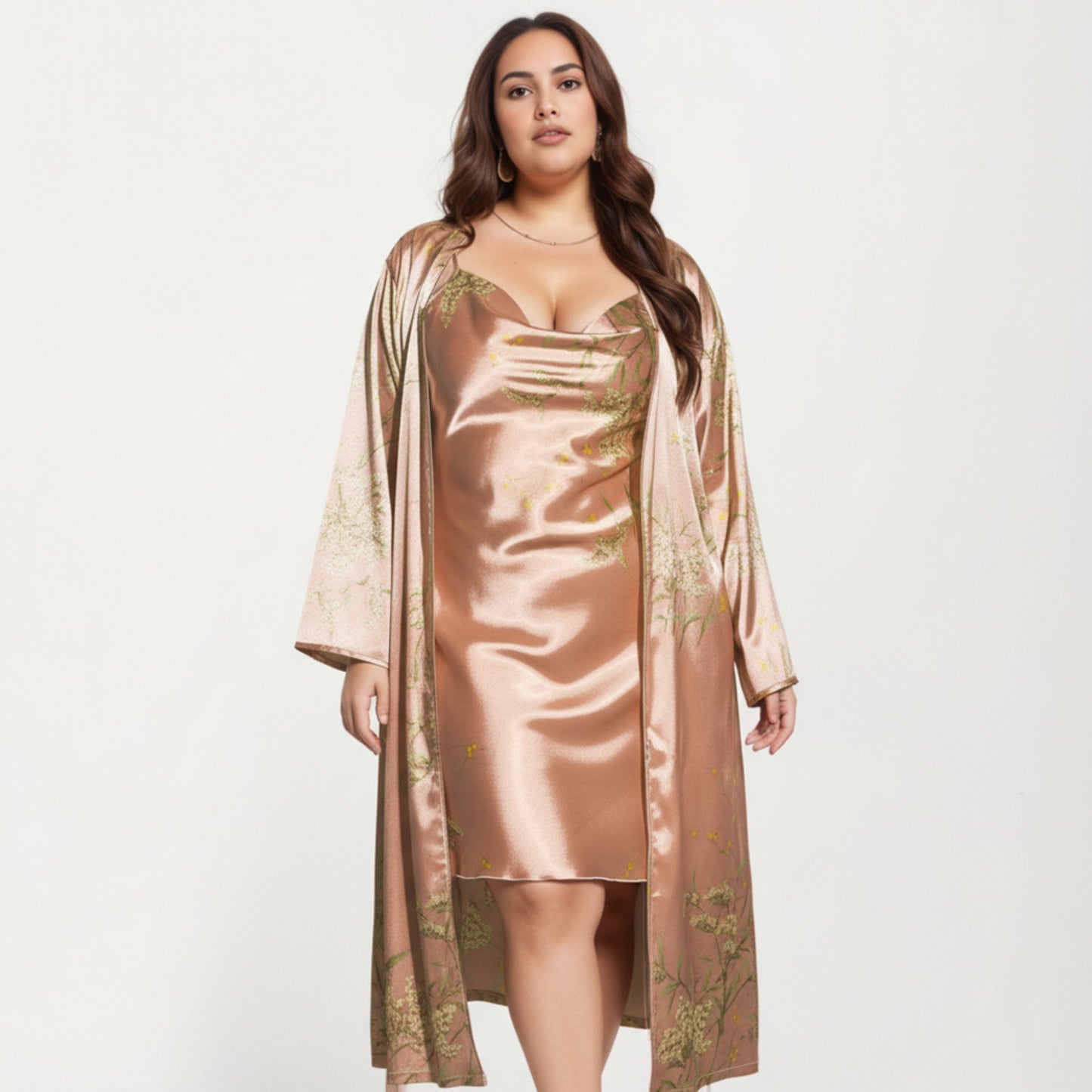 Anna-Kaci Lounge Women' s Satin Slip Dress and Long Robe Set with Floral Pattern Draped Neckline and Elegant Flowing Layered Design