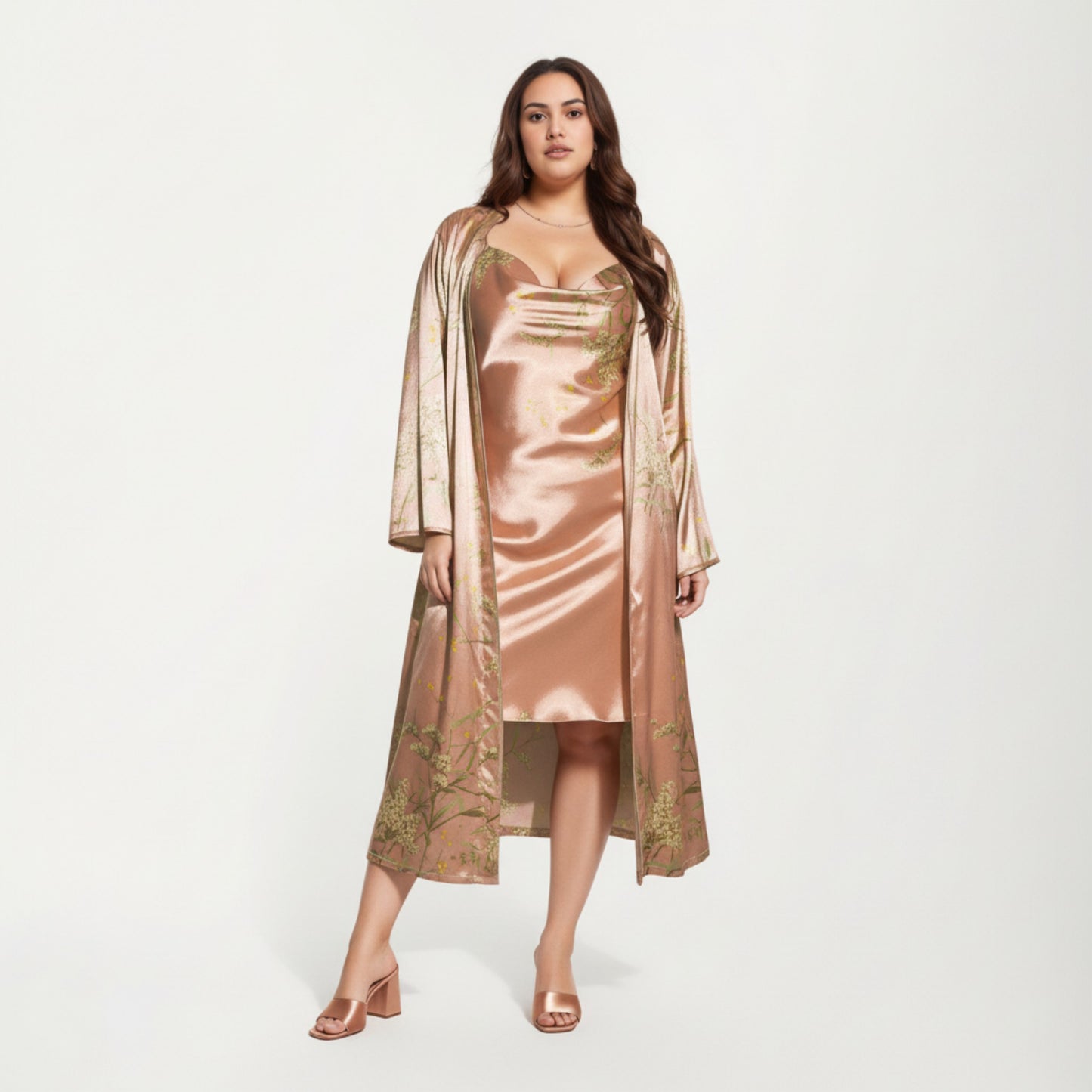 Anna-Kaci Lounge Women' s Satin Slip Dress and Long Robe Set with Floral Pattern Draped Neckline and Elegant Flowing Layered Design