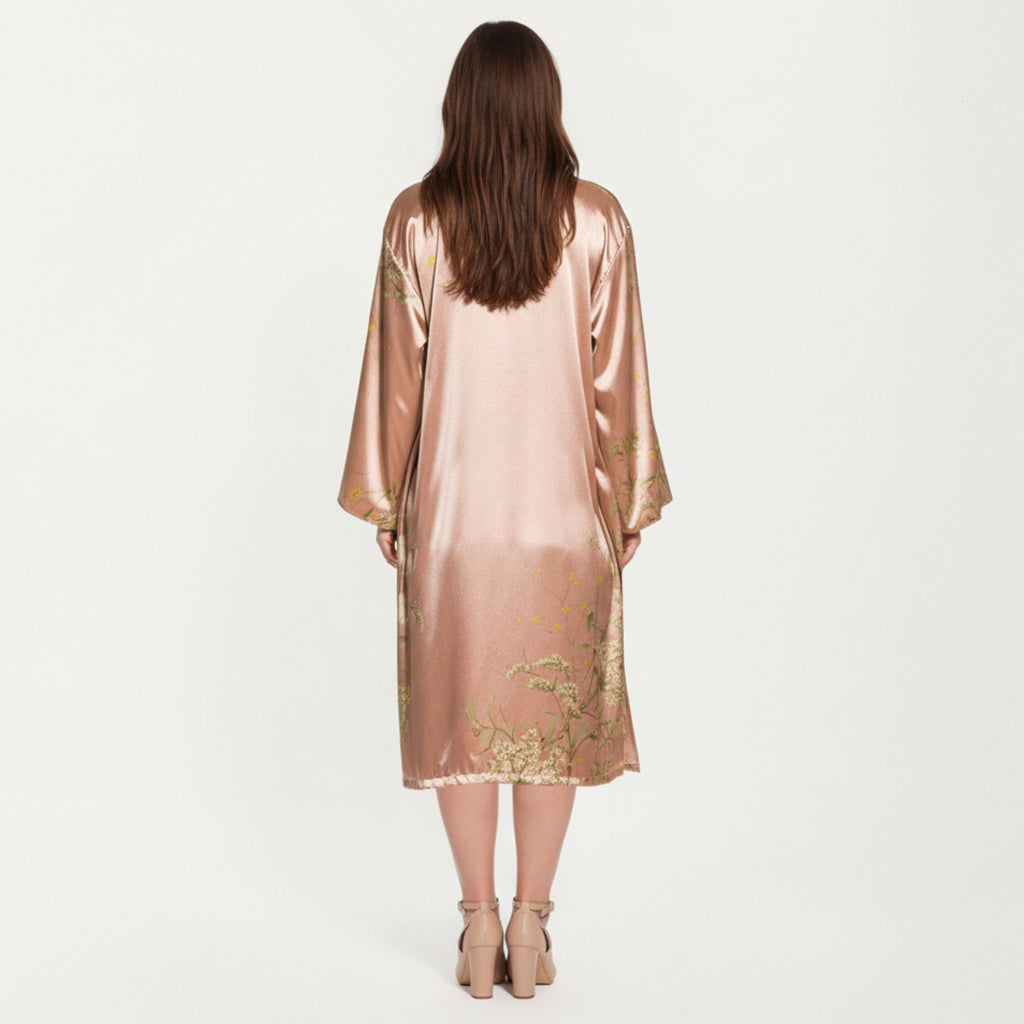 Anna-Kaci Lounge Women' s Satin Slip Dress and Long Robe Set with Floral Pattern Draped Neckline and Elegant Flowing Layered Design