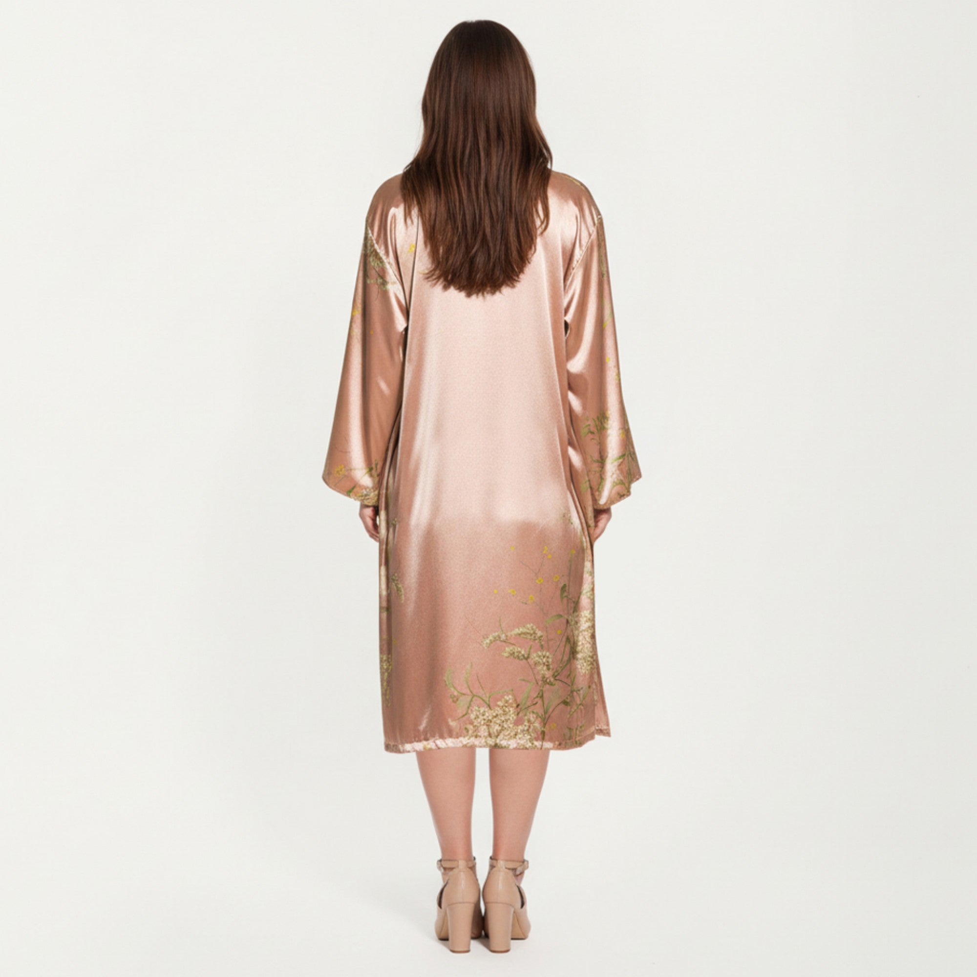 Anna-Kaci Lounge Women' s Satin Slip Dress and Long Robe Set with Floral Pattern Draped Neckline and Elegant Flowing Layered Design