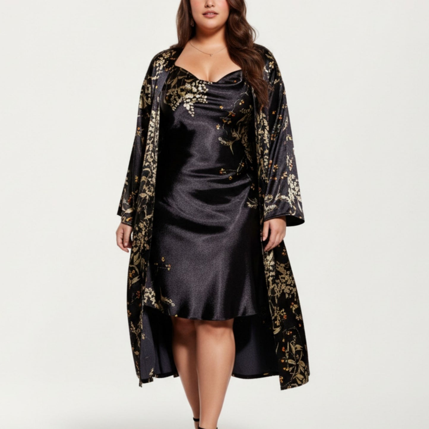 Anna-Kaci Lounge Women' s Satin Slip Dress and Long Robe Set with Floral Pattern Draped Neckline and Elegant Flowing Layered Design