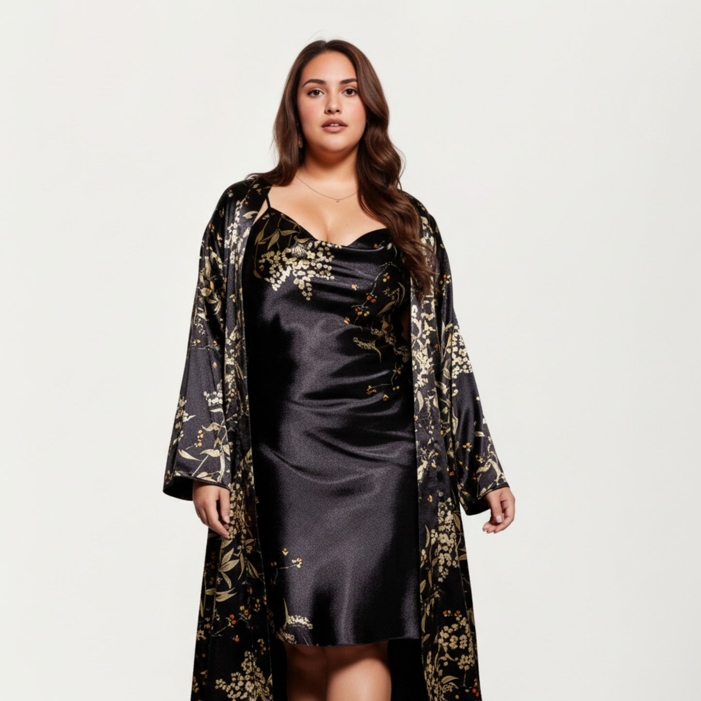Anna-Kaci Lounge Women' s Satin Slip Dress and Long Robe Set with Floral Pattern Draped Neckline and Elegant Flowing Layered Design
