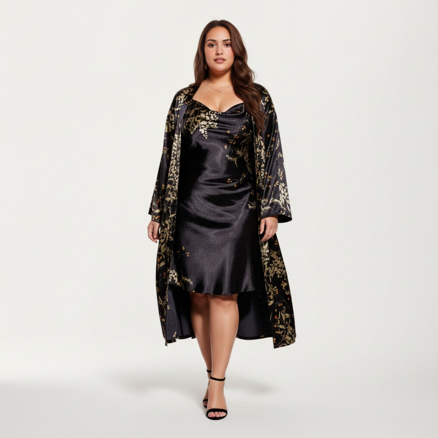 Anna-Kaci Lounge Women' s Satin Slip Dress and Long Robe Set with Floral Pattern Draped Neckline and Elegant Flowing Layered Design