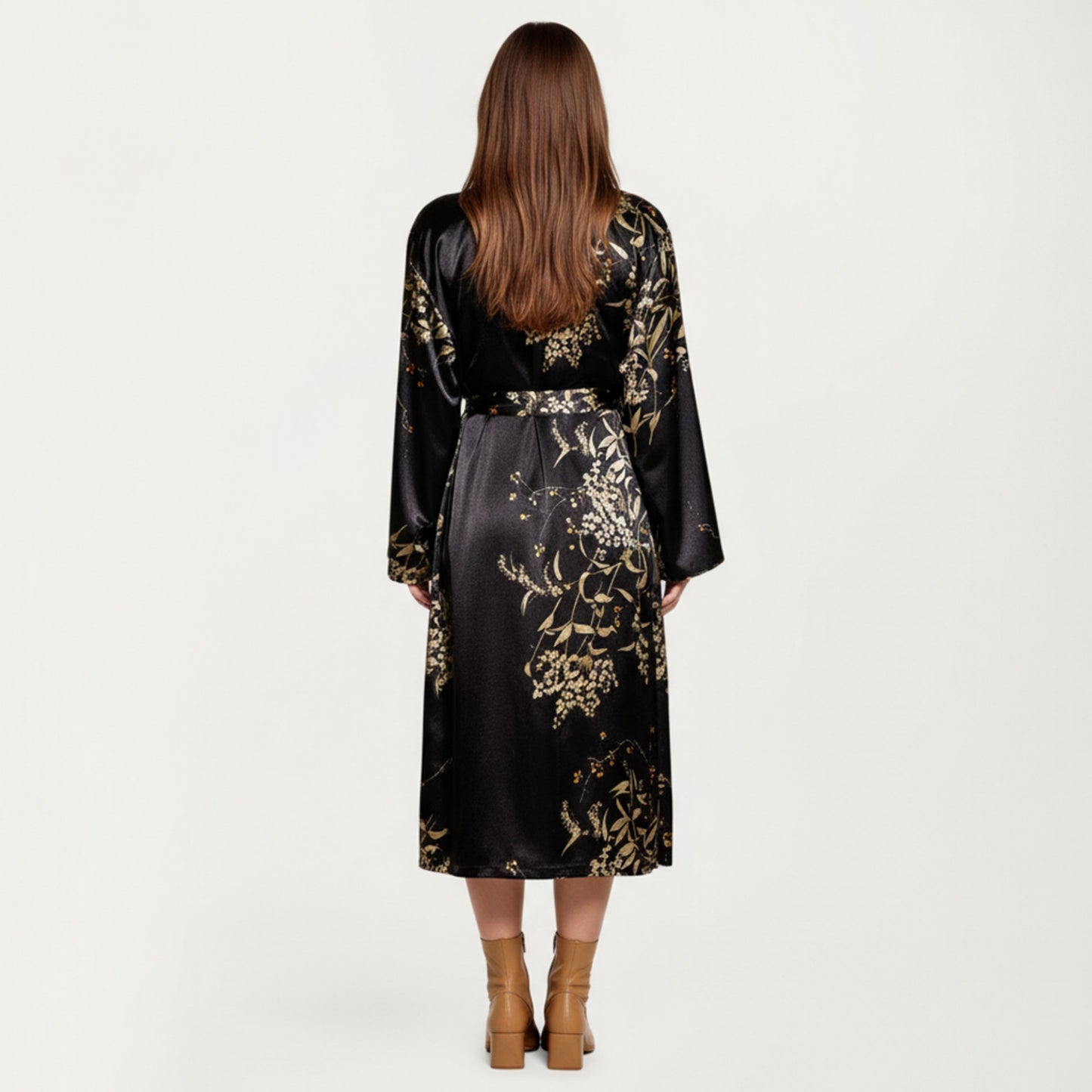 Anna-Kaci Lounge Women' s Satin Slip Dress and Long Robe Set with Floral Pattern Draped Neckline and Elegant Flowing Layered Design