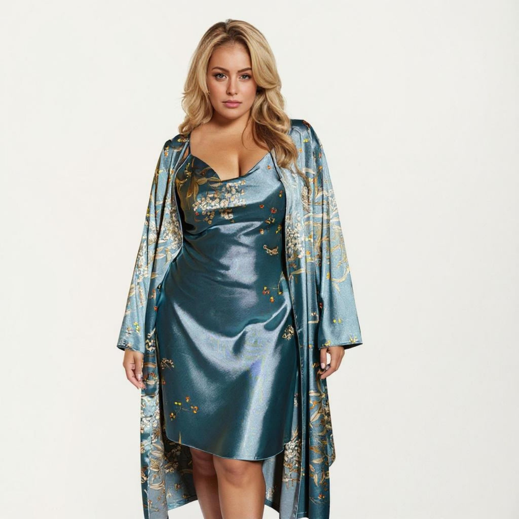 Anna-Kaci Lounge Women' s Satin Slip Dress and Long Robe Set with Floral Pattern Draped Neckline and Elegant Flowing Layered Design