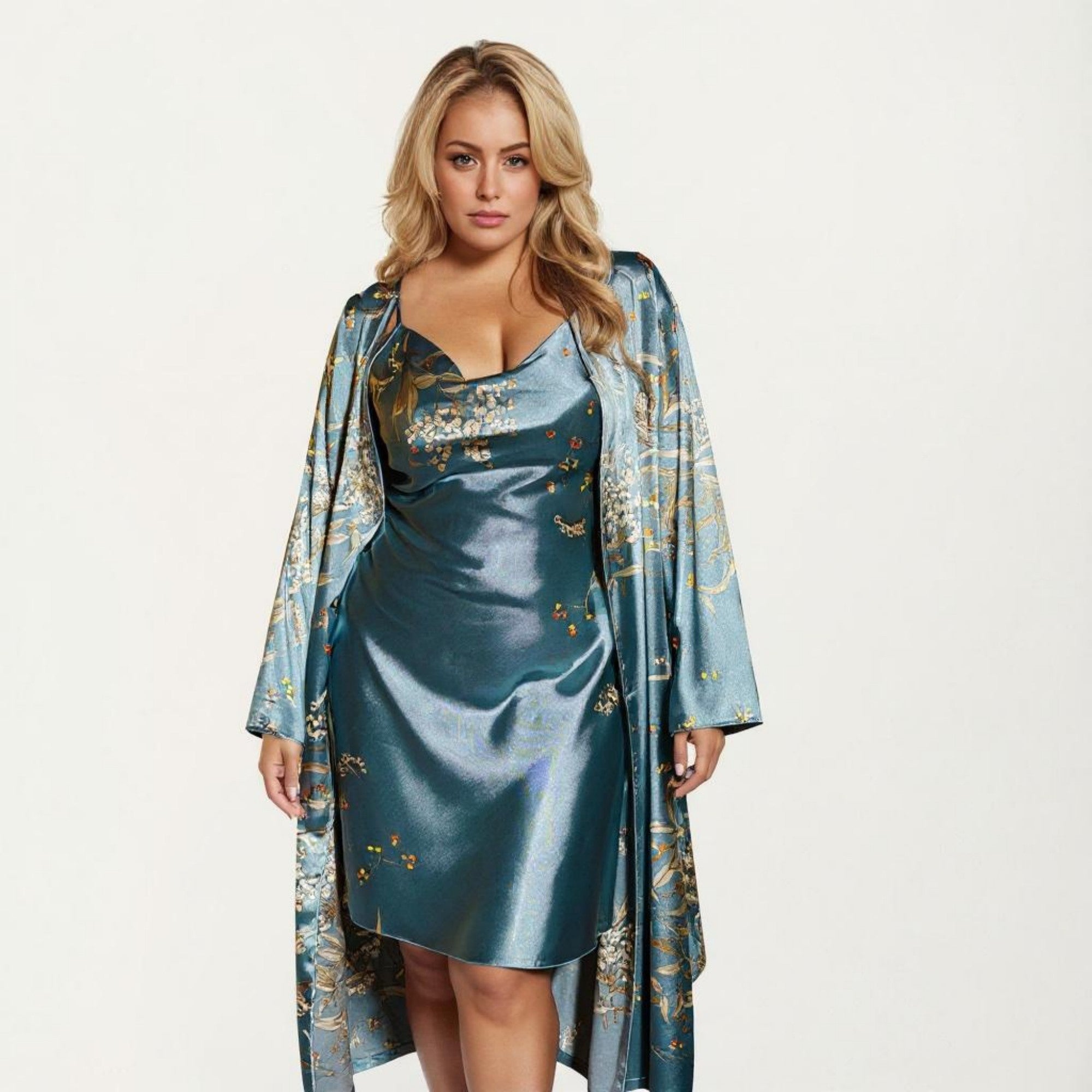 Anna-Kaci Lounge Women' s Satin Slip Dress and Long Robe Set with Floral Pattern Draped Neckline and Elegant Flowing Layered Design
