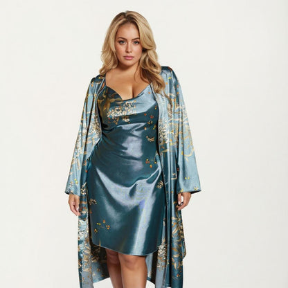 Anna-Kaci Lounge Women' s Satin Slip Dress and Long Robe Set with Floral Pattern Draped Neckline and Elegant Flowing Layered Design