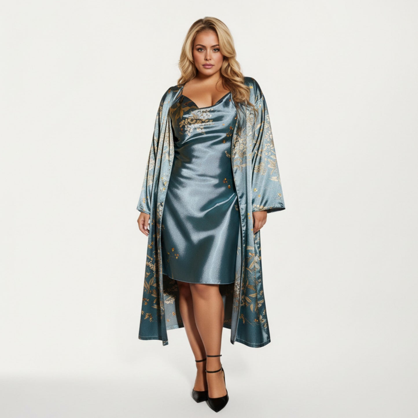 Anna-Kaci Lounge Women' s Satin Slip Dress and Long Robe Set with Floral Pattern Draped Neckline and Elegant Flowing Layered Design