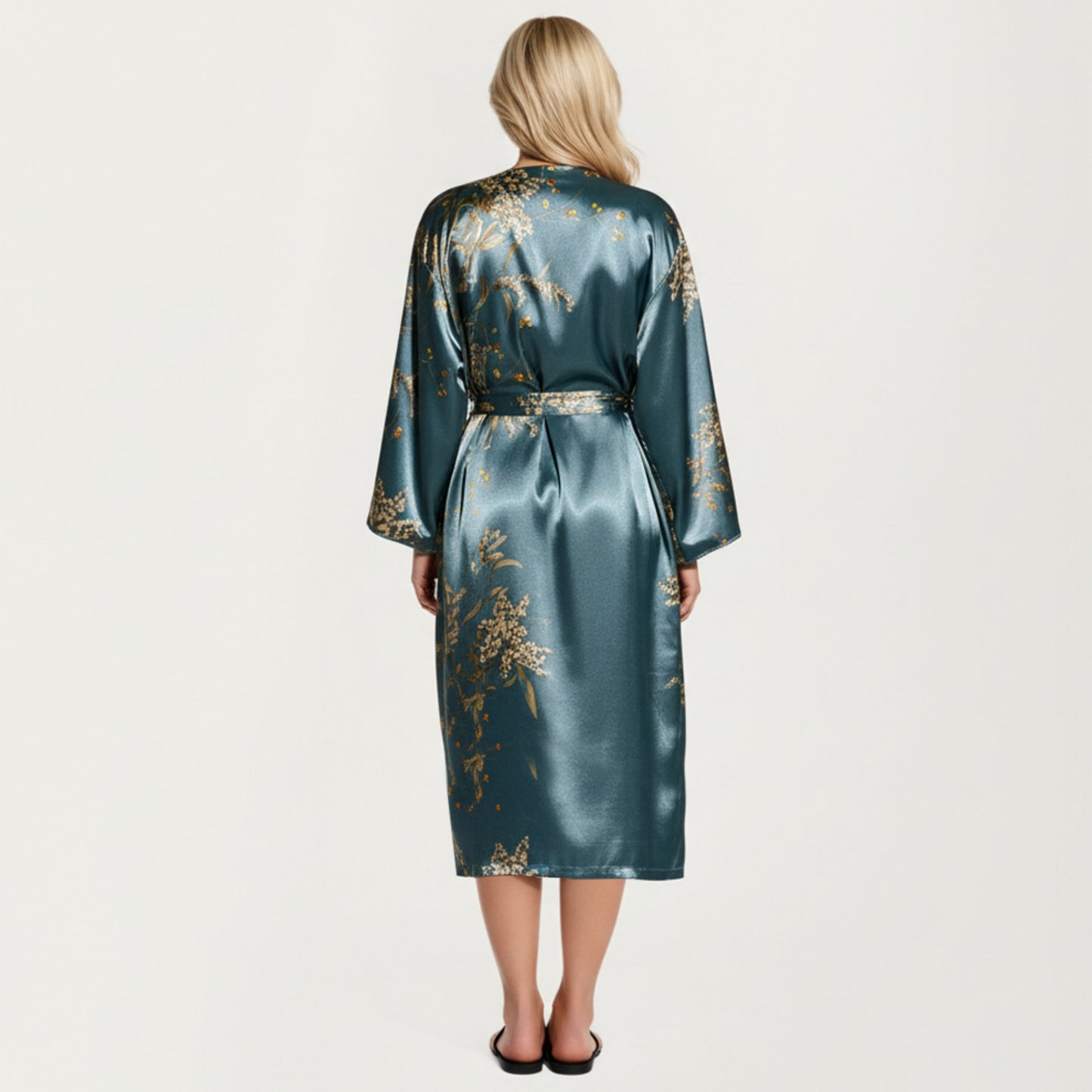 Anna-Kaci Lounge Women' s Satin Slip Dress and Long Robe Set with Floral Pattern Draped Neckline and Elegant Flowing Layered Design