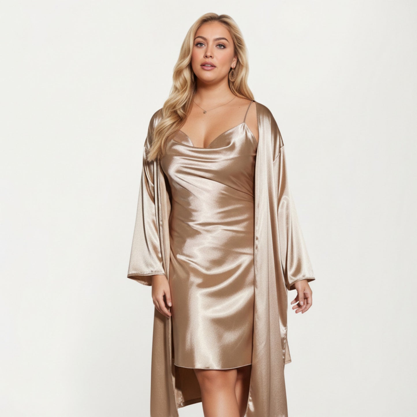 Anna-Kaci Lounge Women' s Satin Slip Dress and Long Robe Set with Soft Draped Silhouette and Elegant Flowing Layered Design