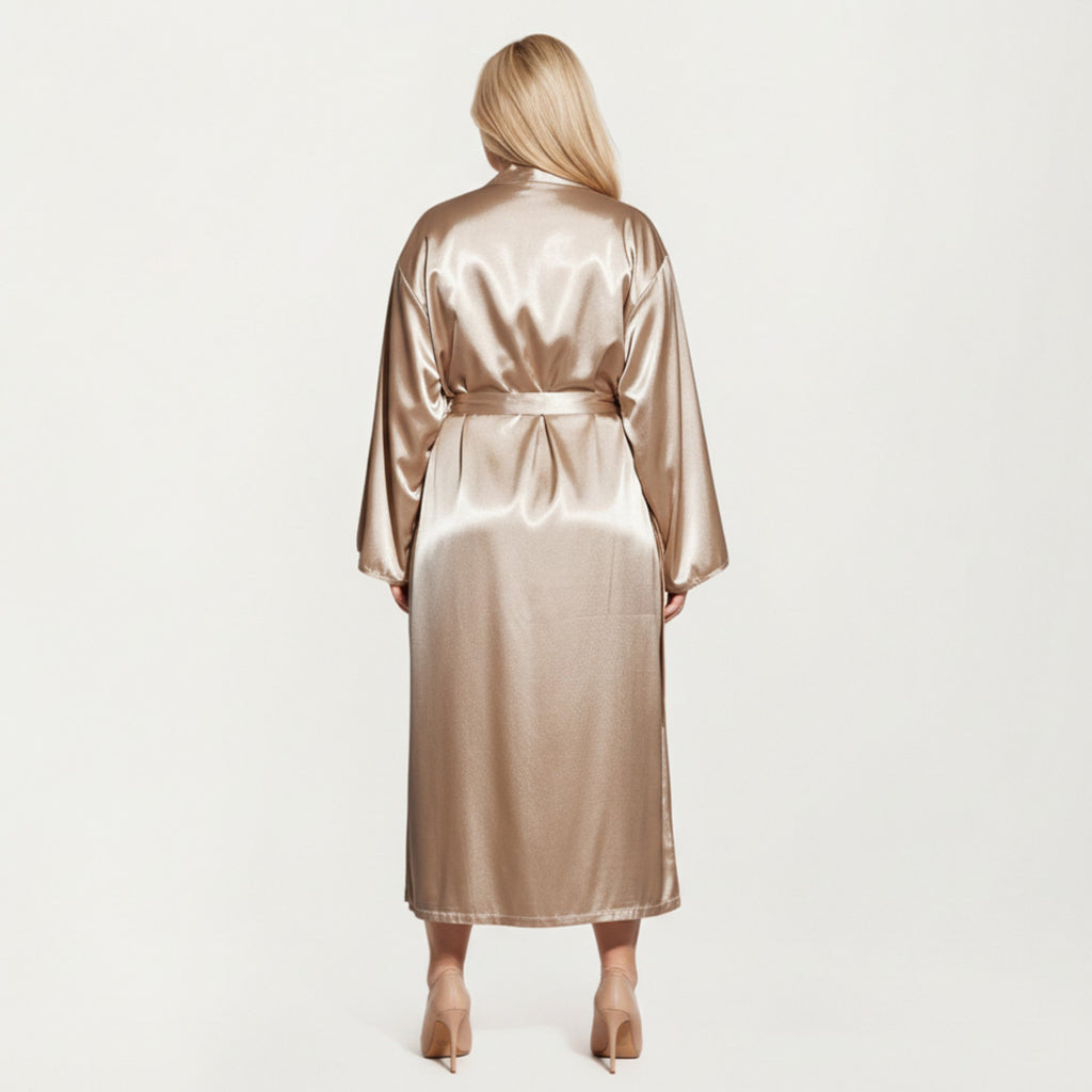 Anna-Kaci Lounge Women' s Satin Slip Dress and Long Robe Set with Soft Draped Silhouette and Elegant Flowing Layered Design