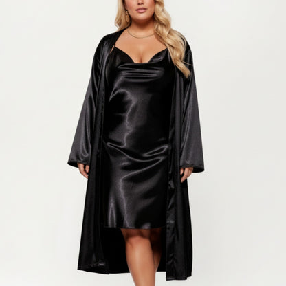 Anna-Kaci Lounge Women' s Satin Slip Dress and Long Robe Set with Soft Draped Silhouette and Elegant Flowing Layered Design