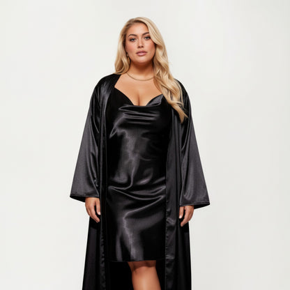 Anna-Kaci Lounge Women' s Satin Slip Dress and Long Robe Set with Soft Draped Silhouette and Elegant Flowing Layered Design