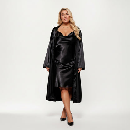 Anna-Kaci Lounge Women' s Satin Slip Dress and Long Robe Set with Soft Draped Silhouette and Elegant Flowing Layered Design