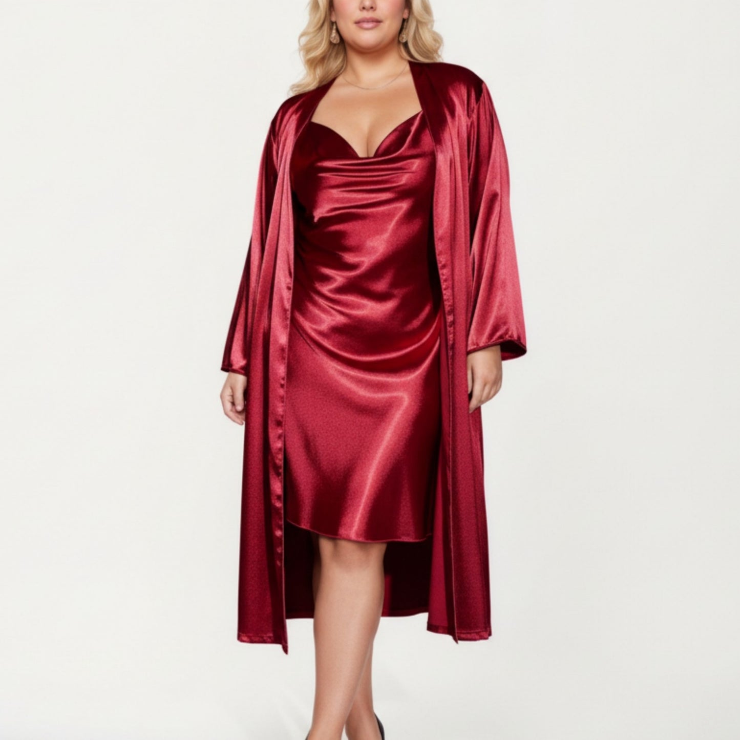Anna-Kaci Lounge Women' s Satin Slip Dress and Long Robe Set with Soft Draped Silhouette and Elegant Flowing Layered Design
