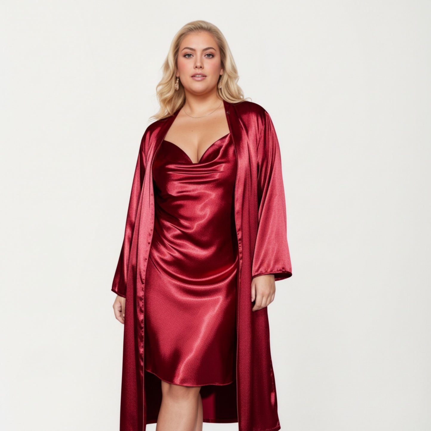 Anna-Kaci Lounge Women' s Satin Slip Dress and Long Robe Set with Soft Draped Silhouette and Elegant Flowing Layered Design