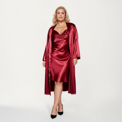 Anna-Kaci Lounge Women' s Satin Slip Dress and Long Robe Set with Soft Draped Silhouette and Elegant Flowing Layered Design