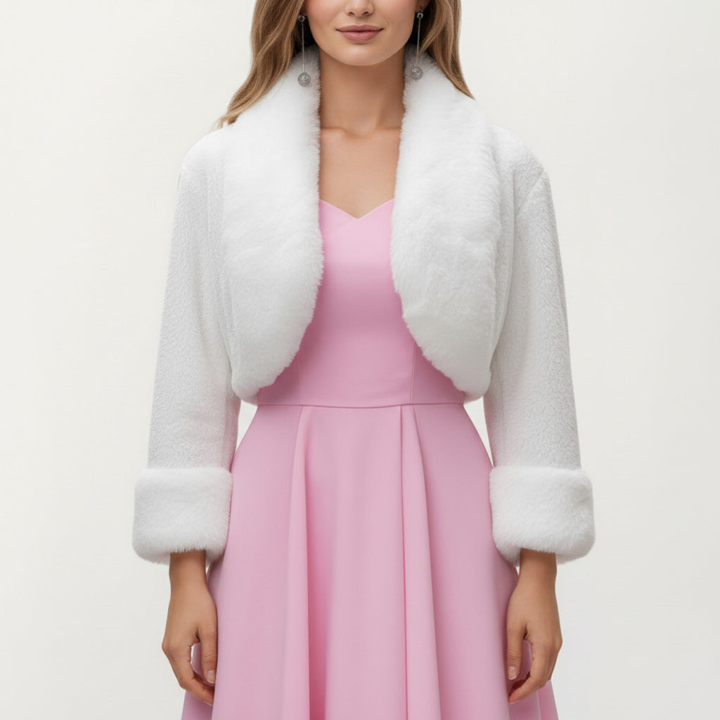 Anna-Kaci Women's Faux Fur Trim Cropped Jacket with Plush Shawl Collar Soft Textured Long Sleeves and Clean Open Front 19in